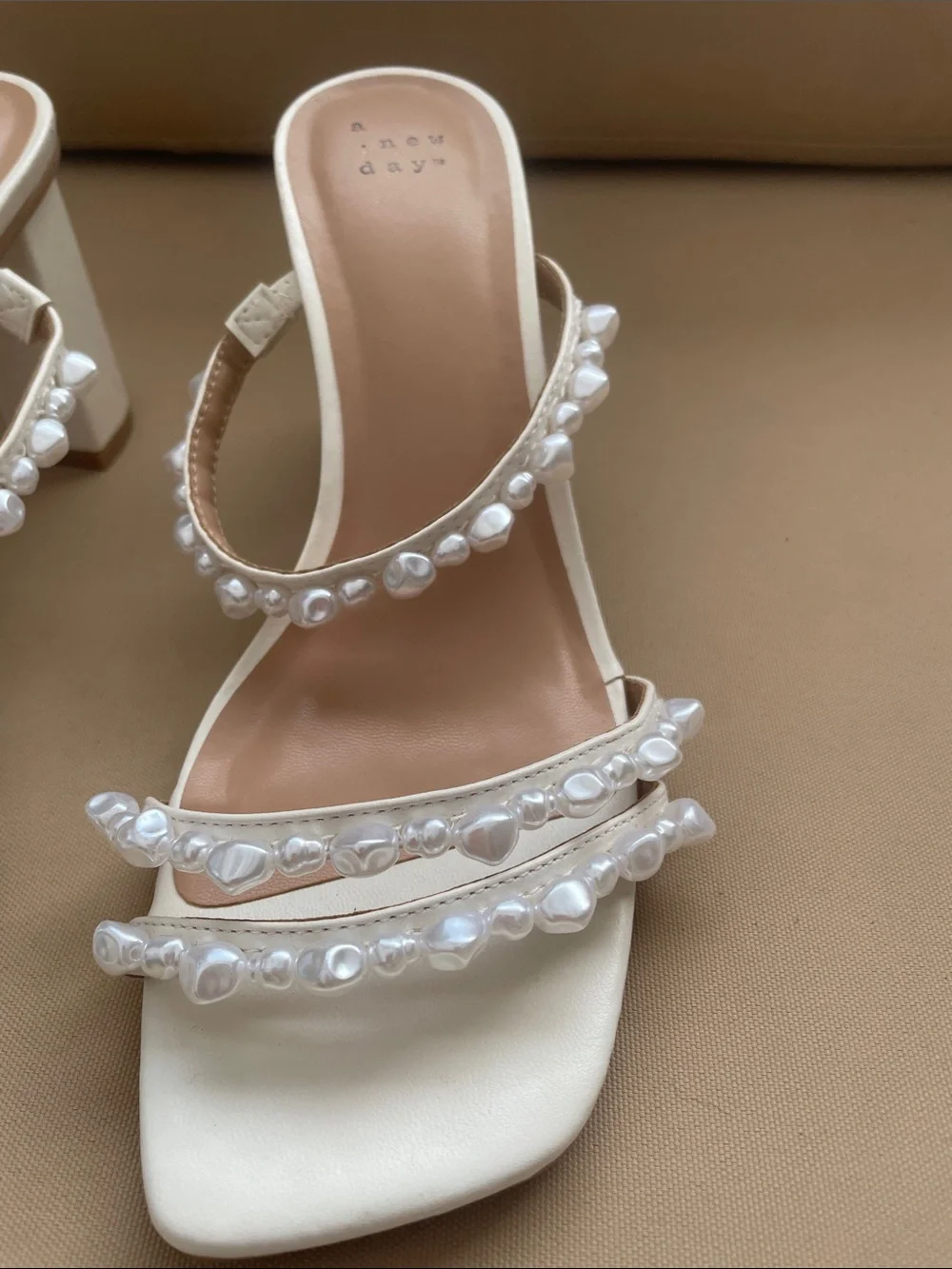 a new day Pearl-Embellished Cream Strappy Mules